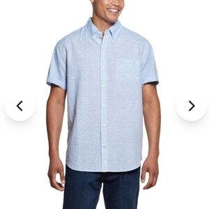 Men's Short Sleeve Linen Blend Blue Shirt - Weatherproof Vintage - L